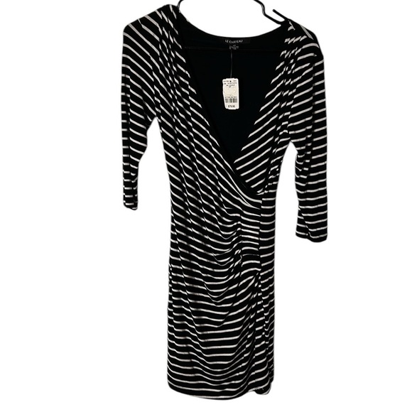 Le Château,faux wrap  B&W dress S, NEW! surplice striped,pleats,ruching,stretchy - Picture 1 of 13